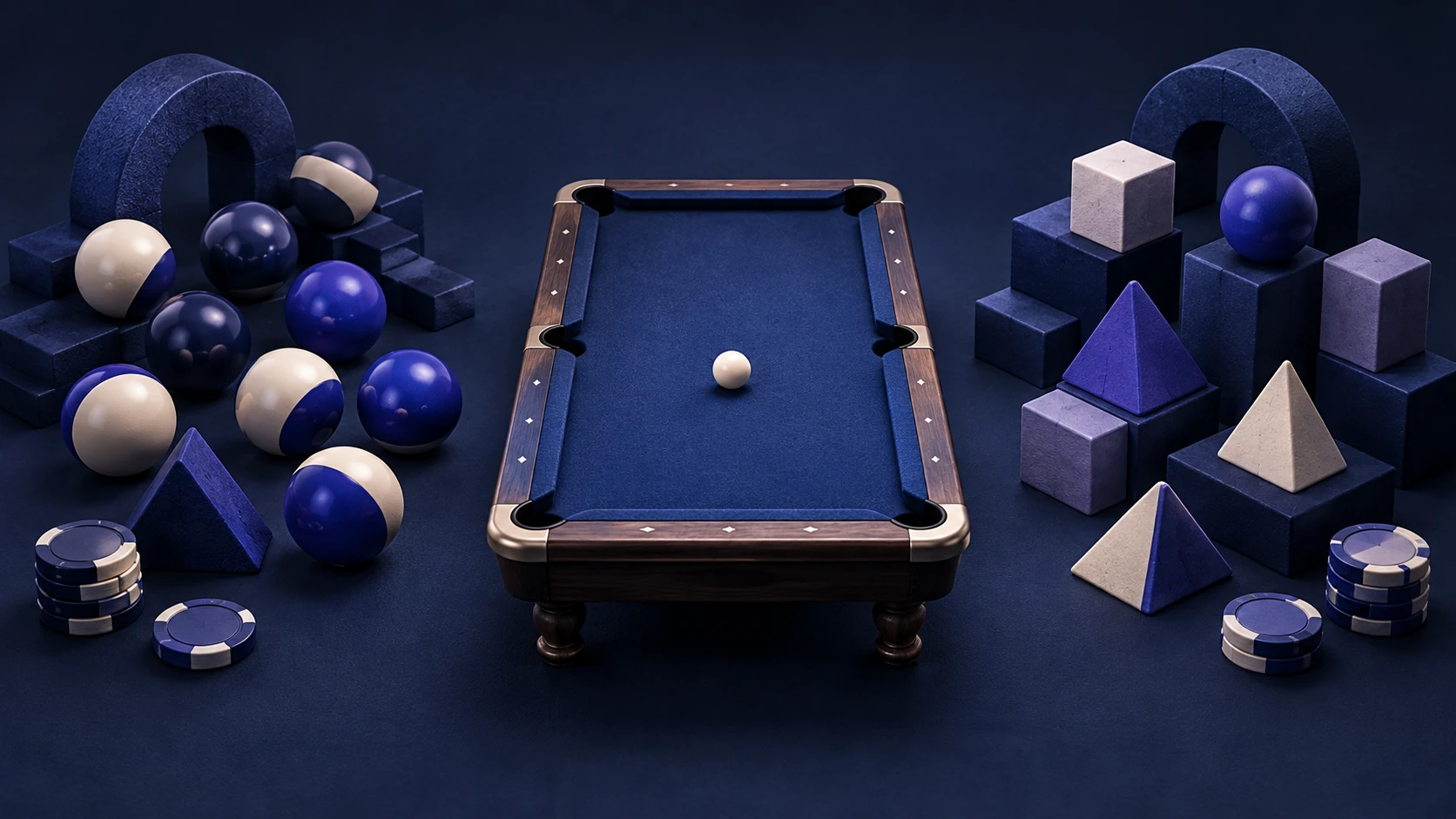 Pool balls and game pieces arranged for a head-to-head contest