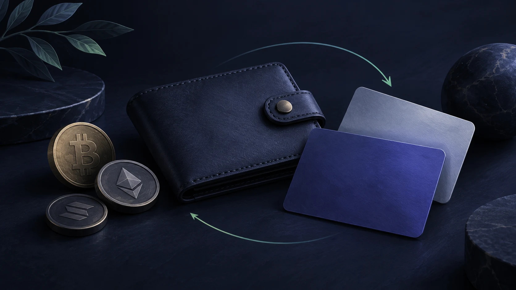 Editorial illustration of cryptocurrency payments and a digital wallet